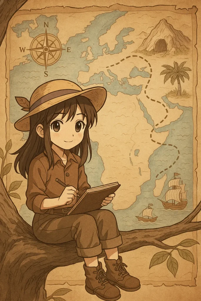 Podróżniczka Pati siedzi na gałęzi.